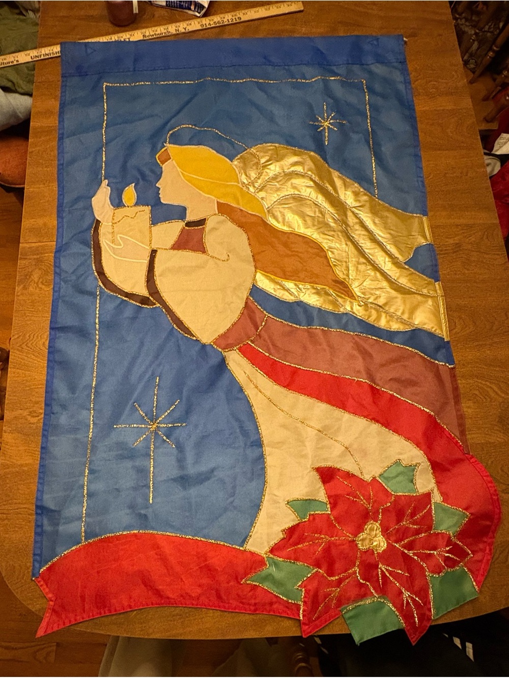Vintage Christmas Angel Candle Poinsettia Large Nylon House Flag Banner